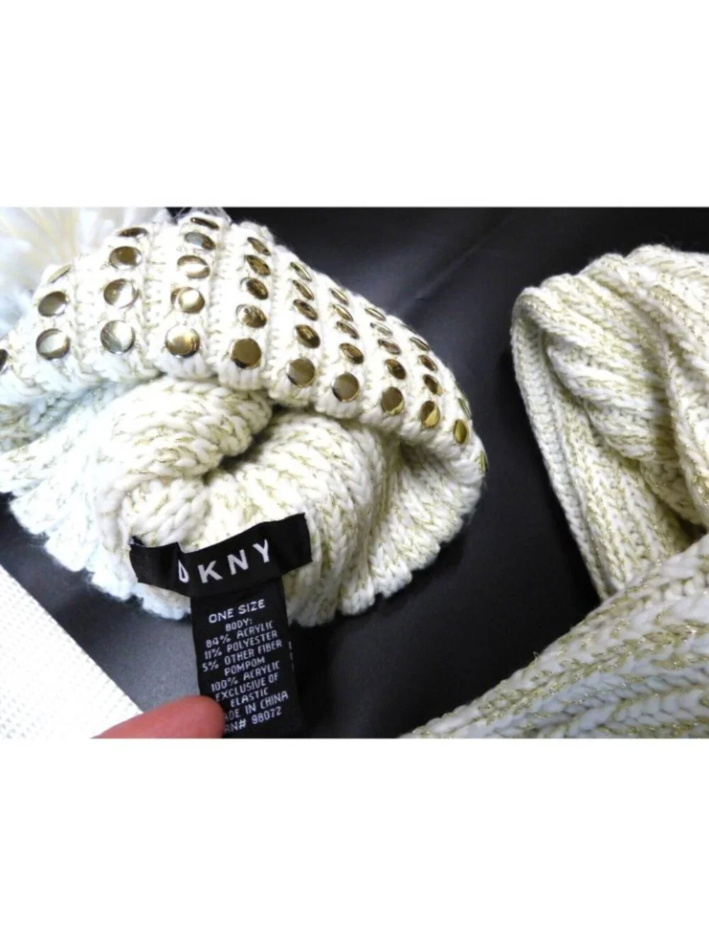 DKNY Flat-Stud Metallic Rib-Knit Scarf and Beanie Combo  Ivory/Gold